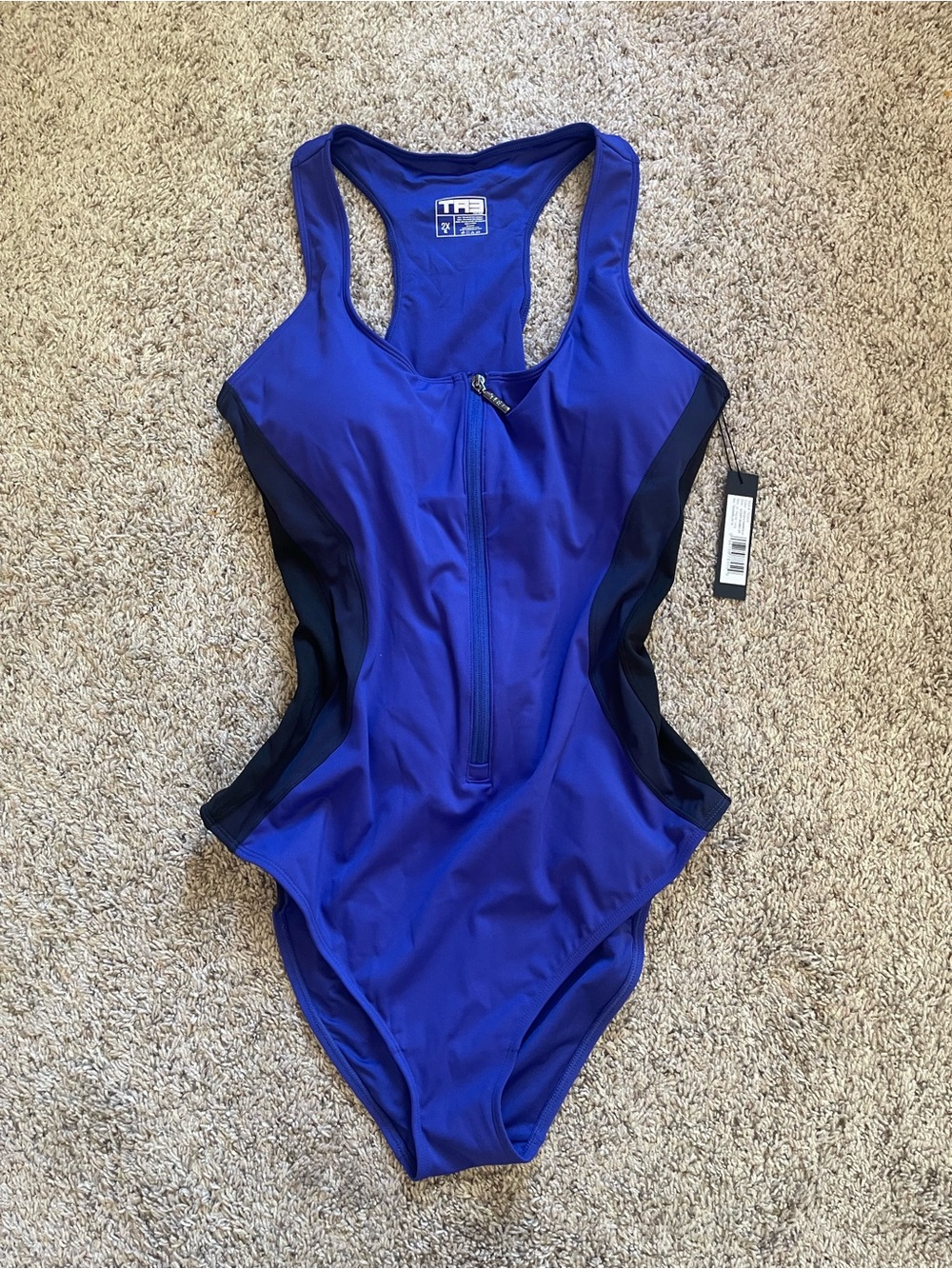 TA3 Scoopy Seamed Zip One Piece Swimsuit Contour Ultramarine Black 2X R/L NWT